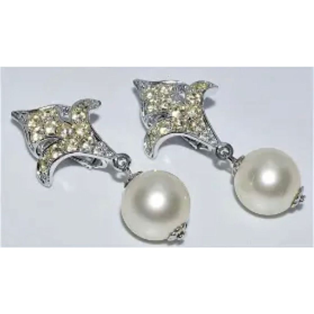 Vintage Sarah Cov Silver Tone Clear Rhinestone Faux Pearl Drop Earrings